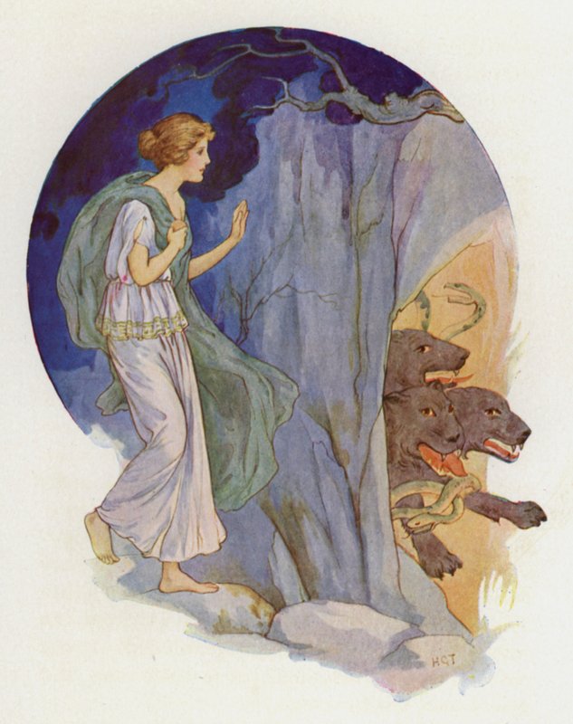 Cerberus, en fruktansvärd hund med tre huvuden (färglitografi) av Harry George Theaker