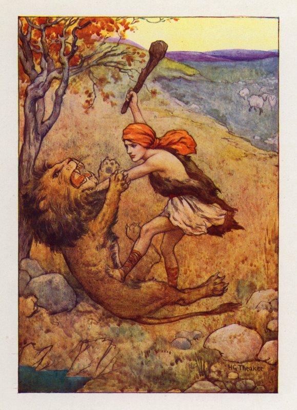David fångade det stora odjuret och dödade det (färglitografi) av Harry George Theaker