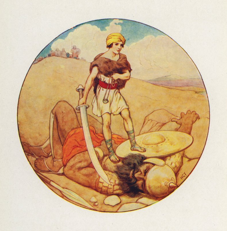 David tog jättens eget svärd och högg av Goliat huvudet (färglitografi) av Harry George Theaker