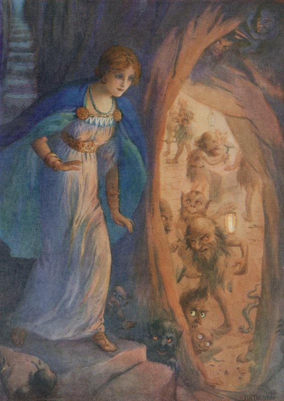 Freyja i dvärgarnas grotta, ur "Freyjas halsband" (färglitografi) av Harry George Theaker