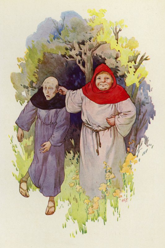 Broder Tuck leder en mager, olycklig munk i örat (färglitografi) av Harry George Theaker
