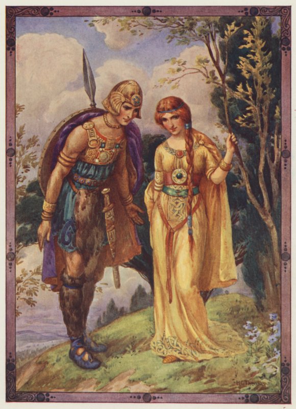 "Ge mig tillåtelse att vara din friare", Prinsen av Dyfed (färglitografi) av Harry George Theaker