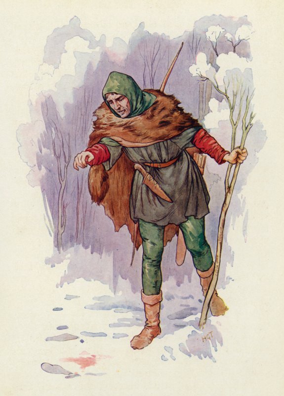"Ha!" ropade skogvaktaren Herbert, "det har skett ett mord här!" (färglitografi) av Harry George Theaker