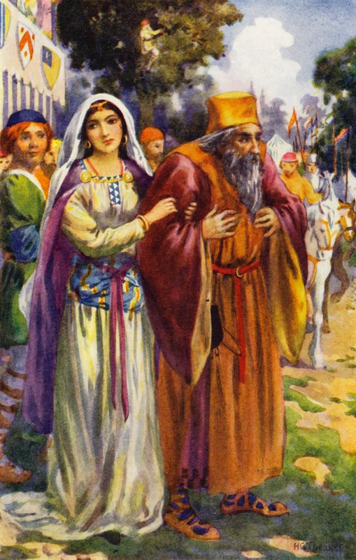 "Han såg juden Isaac och hans vackra dotter Rebecca" (färglitografi) av Harry George Theaker