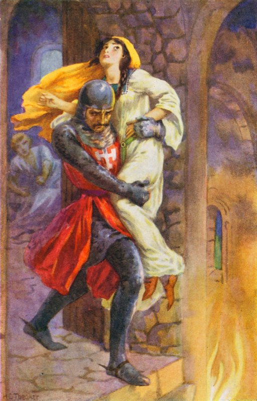 "Han grep tag i henne och bar ut henne ur lägenheten" (färglitografi) av Harry George Theaker