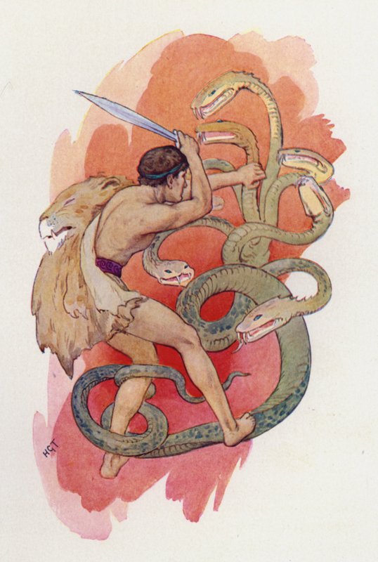 Herkules och den sjuhövdade ormen (färglitografi) av Harry George Theaker