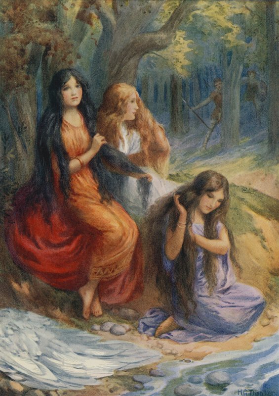 Hladgrun, Olrun och Alvit, ur "Wayland the Smith" (färglitografi) av Harry George Theaker