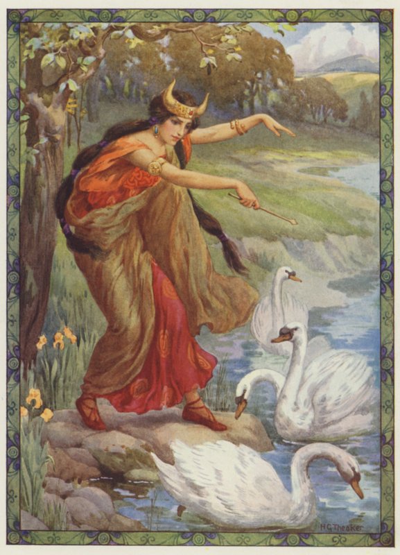 "Vad såg hon i stället för de fyra barnen", The Children of Lir (färglitografi) av Harry George Theaker