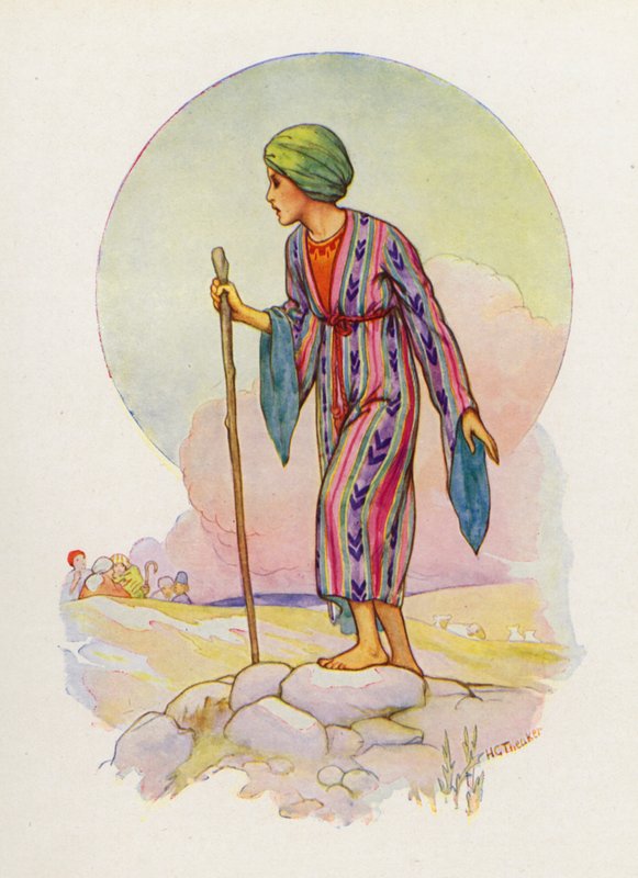 Jakob gav Josef en mångfärgad rock (färglitografi) av Harry George Theaker