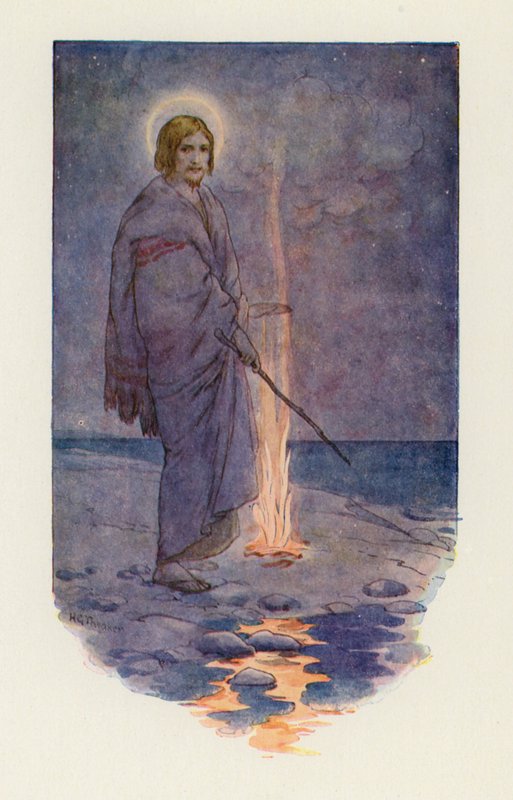 Jesus stod på stranden (färglitografi) av Harry George Theaker