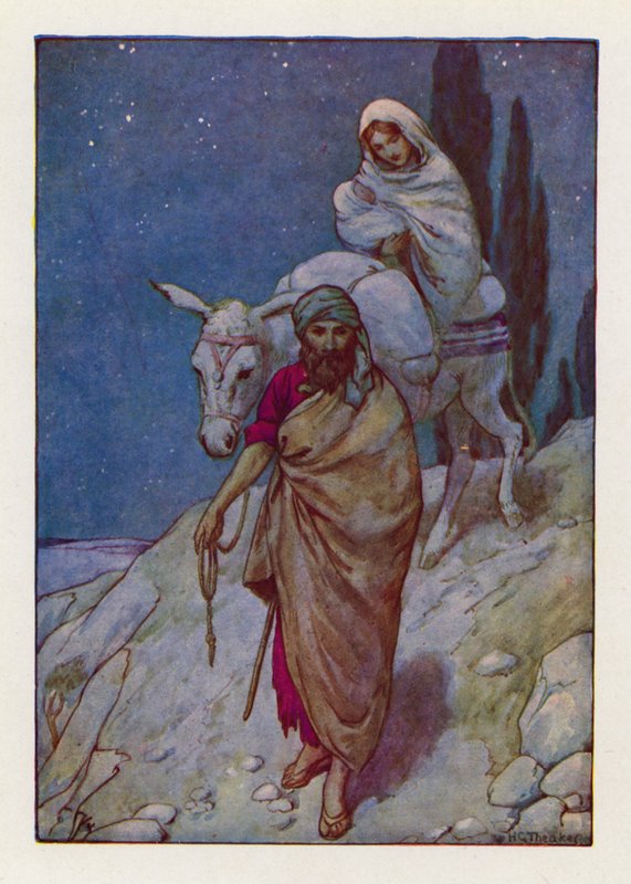 Josef steg upp och tog med sig det lilla barnet och hans mor på natten och begav sig till Egypten (färglitografi) av Harry George Theaker
