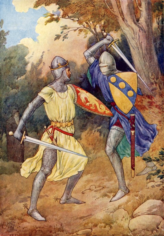 Kung Arthur slåss med den främmande riddaren (färglitografi) av Harry George Theaker