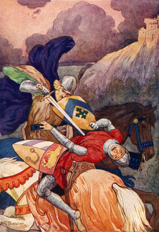 Kung Arthur hugger sin fiende genom bröstet (färglitografi) av Harry George Theaker