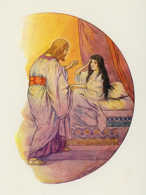 "Lilla flicka", sade han, "stig upp!" (färglitografi) av Harry George Theaker