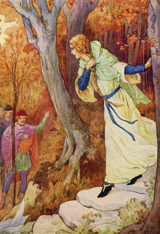 Marian kom springande (färglitografi) av Harry George Theaker