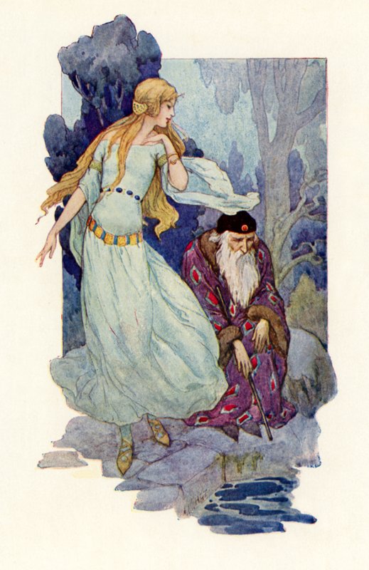 Merlin förhäxad när älvan sjöng (färglitografi) av Harry George Theaker