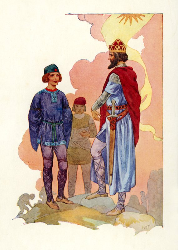 Merlin förd inför kungen (färglitografi) av Harry George Theaker