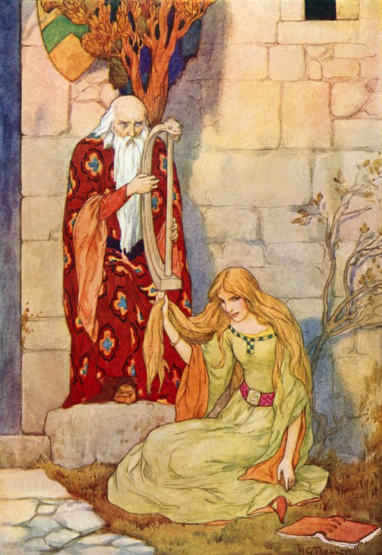 Merlin spelar på sin harpa med älvan Nimue (färglitografi) av Harry George Theaker
