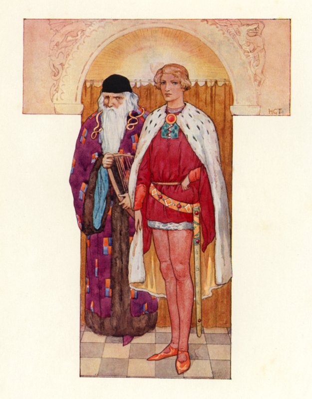 Merlin med Galahad vid sin sida (färglitografi) av Harry George Theaker