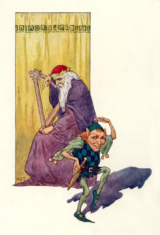 Minstrels och dvärgar underhåller kungen (färglitografi) av Harry George Theaker