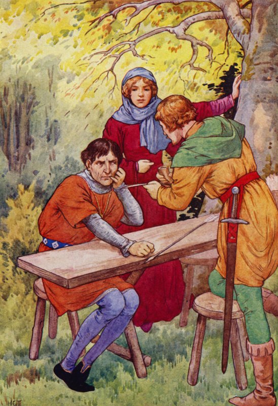 "Skriv nu ditt eget namn på pilens skaft, Sheriff" (färglitografi) av Harry George Theaker