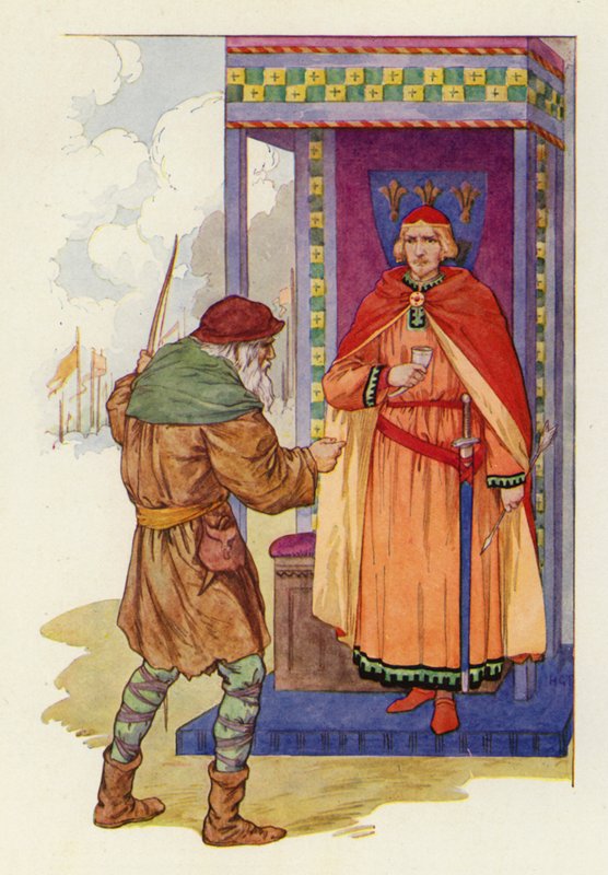 "Gamle man", sade greve John, "jag önskar att jag hade fått din högra hand avhuggen hellre än att du skulle ta det här priset" (färglitografi) av Harry George Theaker