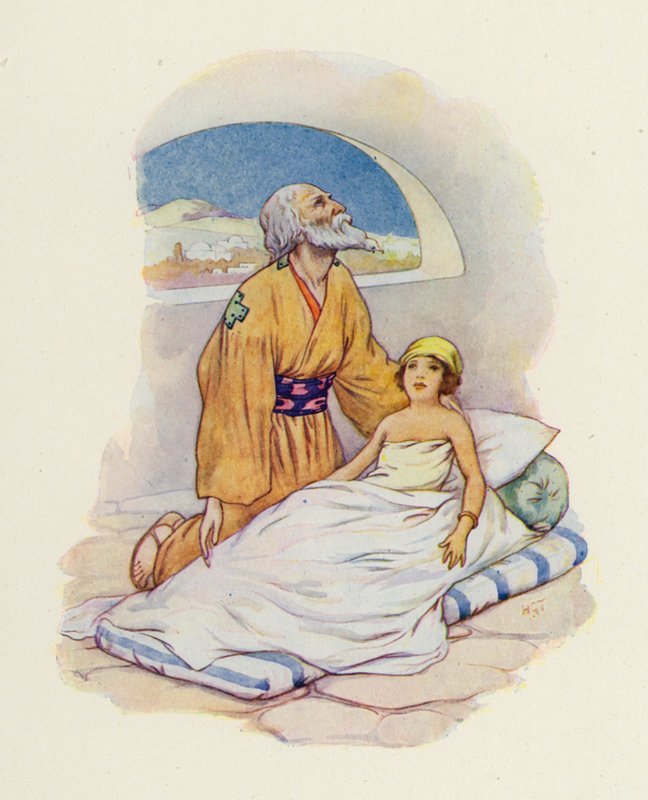 Ännu en gång tryckte Elisa det lilla barnet tätt intill sig (färglitografi) av Harry George Theaker
