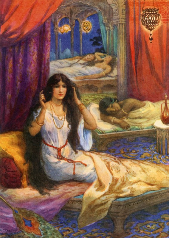 "Pabhavati vaknade med en start" (färglitografi) av Harry George Theaker