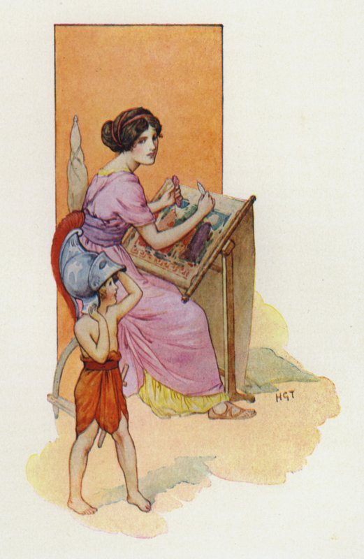 Penelope med sin son Telemachos (färglitografi) av Harry George Theaker