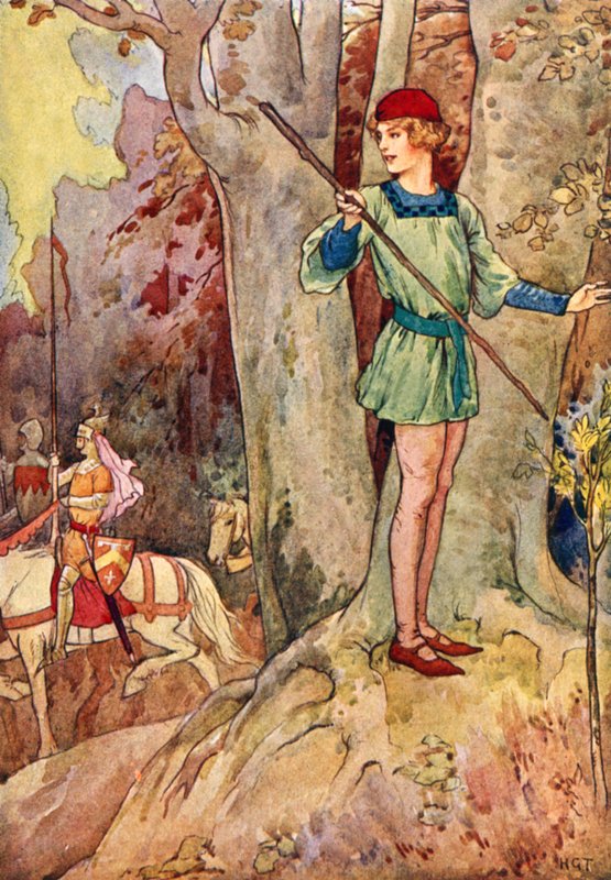 Perceval får syn på tre riddare av runda bordet (färglitografi) av Harry George Theaker