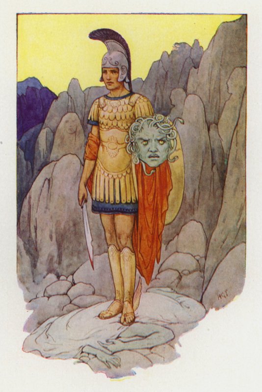 Perseus och Gorgons huvud (färglitografi) av Harry George Theaker