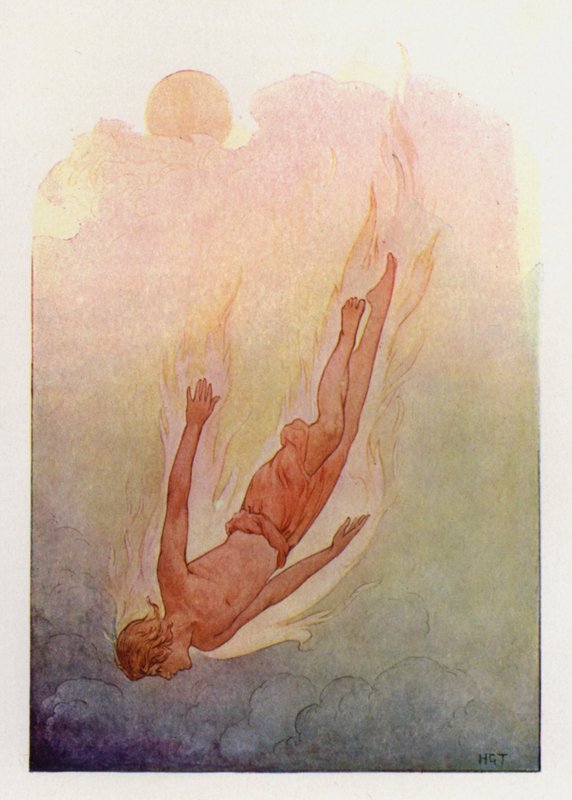 Phaeton med håret i lågor, faller ner i en djup sval flod (färglitografi) av Harry George Theaker