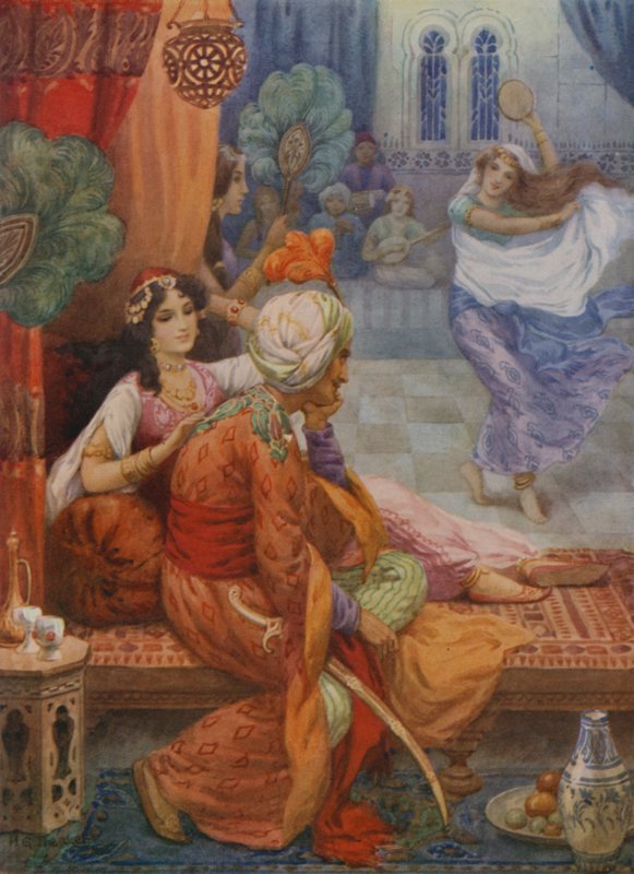Prins Ahmed och älvan Banou (färglitografi) av Harry George Theaker