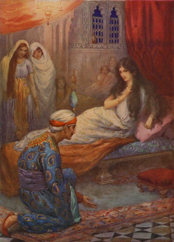Prins Feroze-Shah väcker den vackra prinsessan (färglitografi) av Harry George Theaker