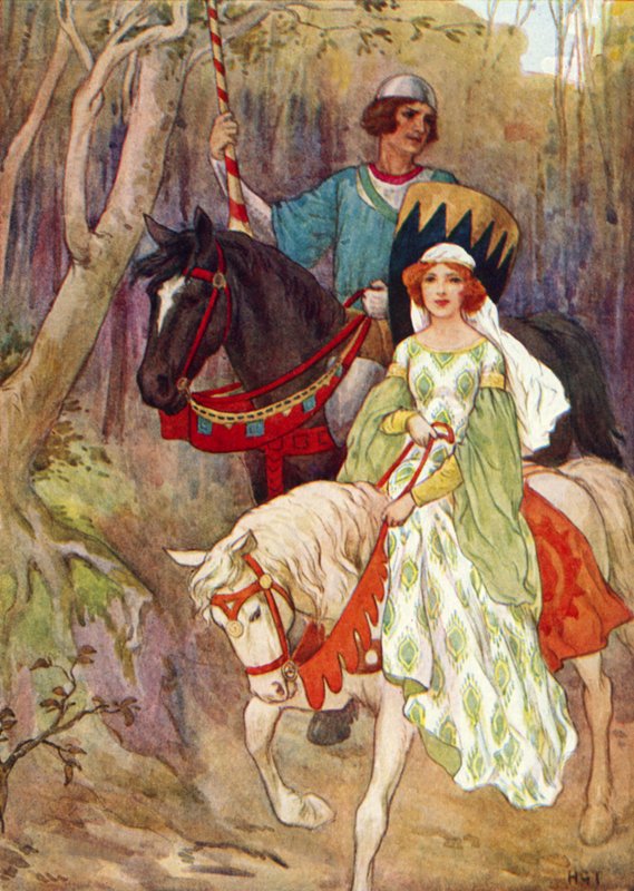 Prinsessan Olwen tillsammans med prinsen av svinstian (färglitografi) av Harry George Theaker