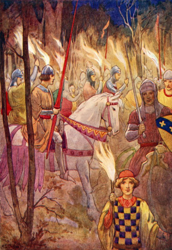 Procession av riddare med facklor (färglitografi) av Harry George Theaker