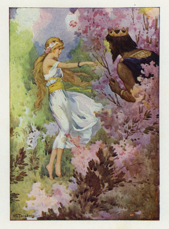 Proserpine dansar bland liljorna, bevakad av en stor kung (färglitografi) av Harry George Theaker