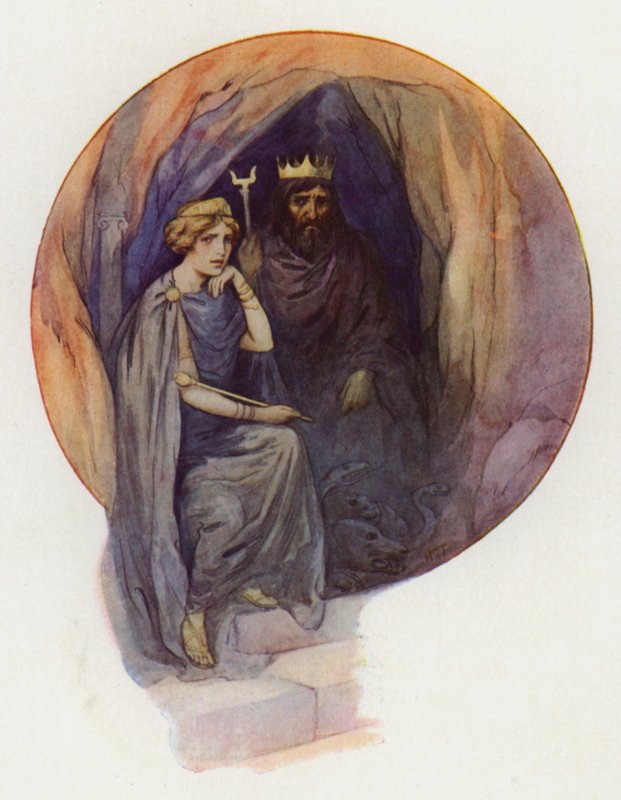 Proserpine sitter klädd i långa svarta kläder på en stor svart tron med den vildsinte svarta kungen bredvid sig (färglitografi) av Harry George Theaker