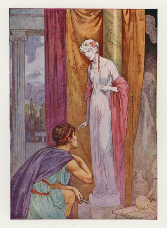 Pygmalion och skulpturen (färglitografi) av Harry George Theaker
