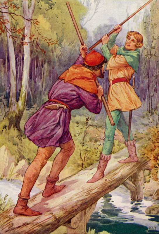 Robin Hood och Little John (färglitografi) av Harry George Theaker