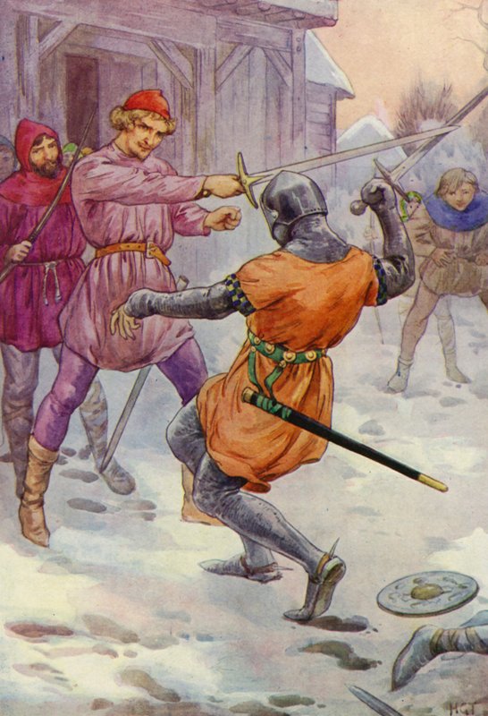 Robin hoppade runt honom och slog till där han ville (färglitografi) av Harry George Theaker