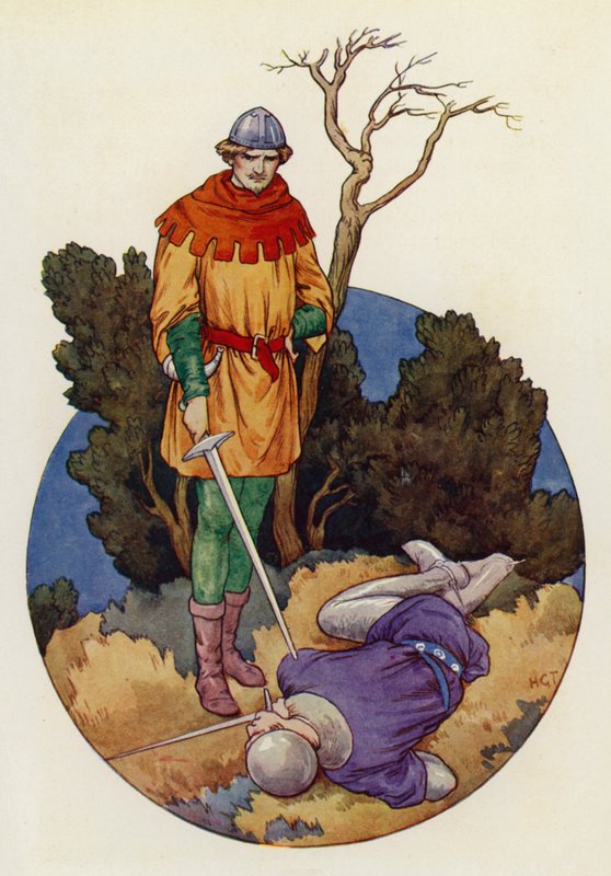 Robin slog till och med ett enda hårt slag dödade han Guy av Gisborne (färglitografi) av Harry George Theaker