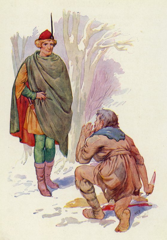 Sebald mötte honom med kniven i högsta hugg och skräck i sitt magra ansikte (färglitografi) av Harry George Theaker