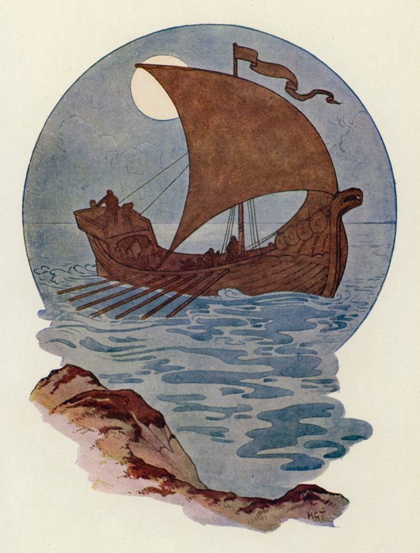 Hon var byggd som ett nordiskt krigsskepp (färglitografi) av Harry George Theaker