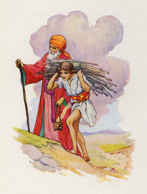 Sida vid sida klättrade Abraham och Isak uppför den branta stigen (färglitografi) av Harry George Theaker