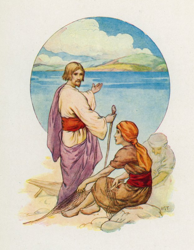 "Simon Petrus och Andreas, kom! Följ mig!" (färglitografi) av Harry George Theaker