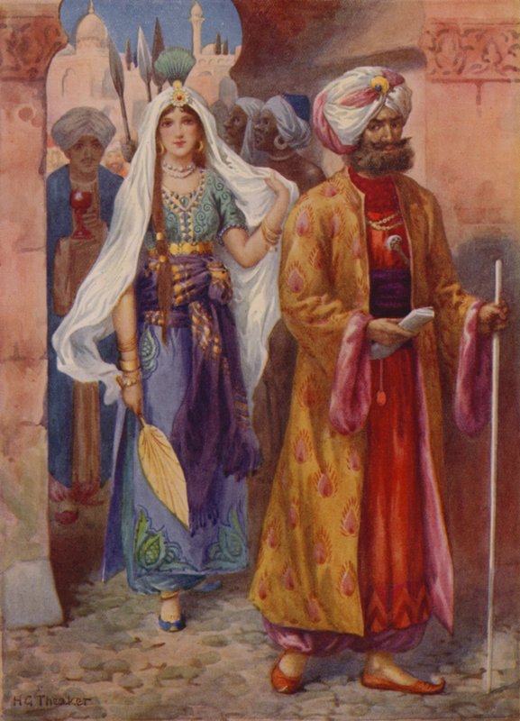 Sindbad överlämnar gåvorna till kalifen (färglitografi) av Harry George Theaker