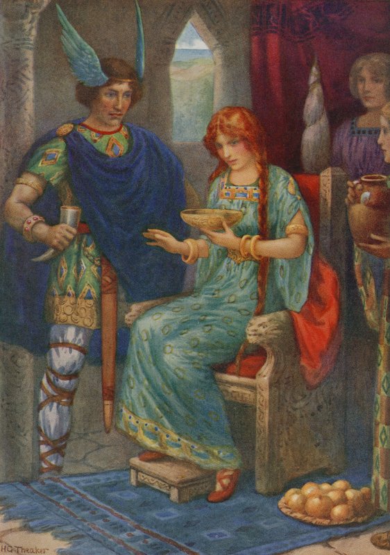 Skyrnir och Gerda, från "Frey och Gerda" (färglitografi) av Harry George Theaker