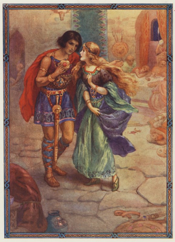 "Ta mig till din hustru!", Diarmuid och Grania (färglitografi) av Harry George Theaker