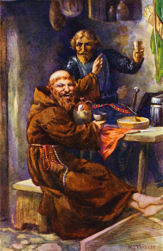 Den svarte riddaren njuter av gästfriheten hos den jovialiske eremiten (färglitografi) av Harry George Theaker